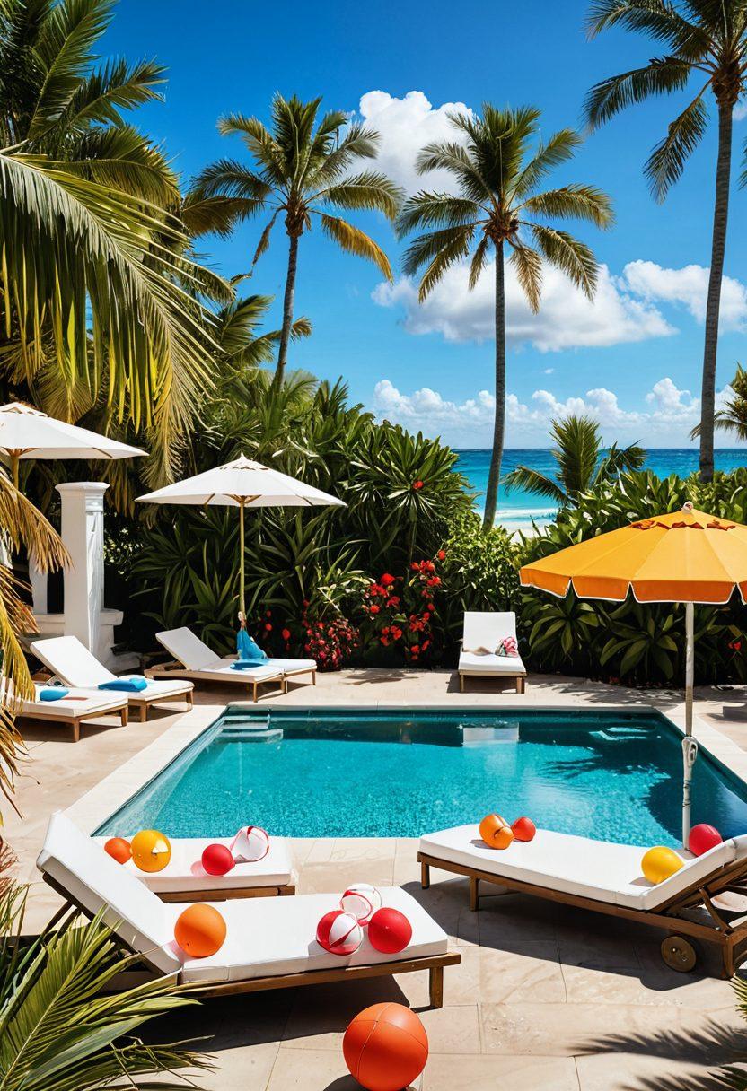 A vibrant summer scene showcasing a diverse group of stylish individuals lounging by a pool adorned with palm trees, wearing chic beach and poolwear. The background features a sunny sky with fluffy clouds and a hint of the beach in the distance. Include colorful beach umbrellas, refreshing drinks, and playful beach balls to emphasize the summer vibe. Bright, cheerful colors fill the image, creating an inviting atmosphere. super-realistic. vibrant colors. beachy aesthetic.